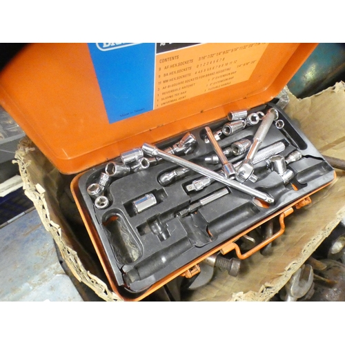 2026 - Box of clamps, spanners and vices with Elora socket set plus tub of hand tools