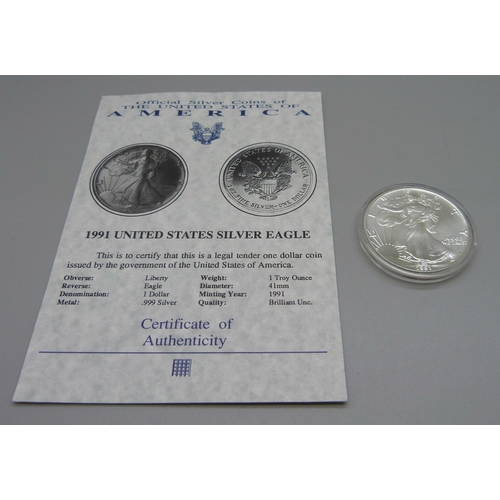 1035 - A USA 1oz fine silver one dollar coin, 1991