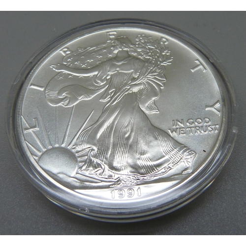 1035 - A USA 1oz fine silver one dollar coin, 1991