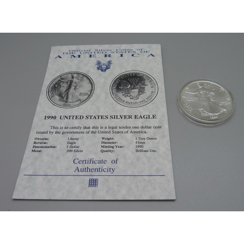 1038 - A USA 1oz fine silver one dollar coin, 1990