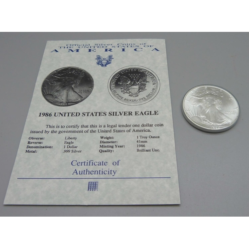 1041 - A USA 1oz fine silver one dollar coin, 1986