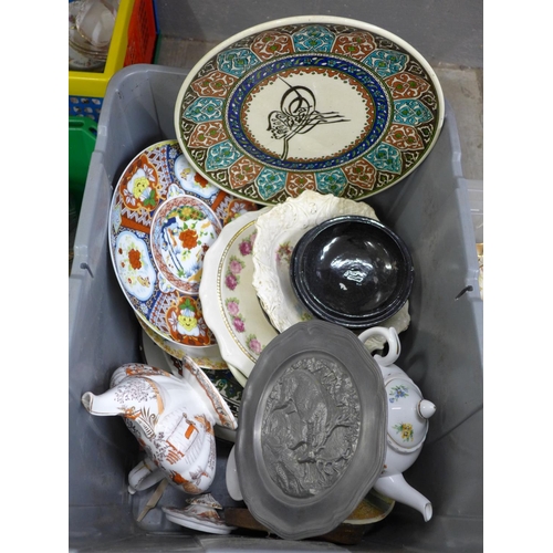 1052 - Three boxes of mixed china, oriental Middle-Eastern and British **PLEASE NOTE THIS LOT IS NOT ELIGIB... 