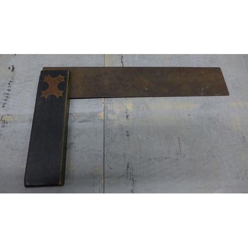 1057 - A Rabone and Son spirit level, a plane and a set square **PLEASE NOTE THIS LOT IS NOT ELIGIBLE FOR P... 