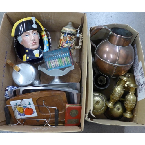 1072 - Metal ware including a copper vessel, a Nelson character jug, etc., (2 boxes) **PLEASE NOTE THIS LOT... 