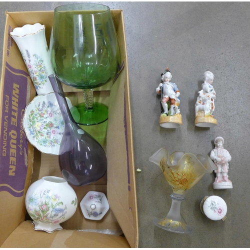 1074 - Aynsley decorative china, three figures and three items of glass **PLEASE NOTE THIS LOT IS NOT ELIGI... 