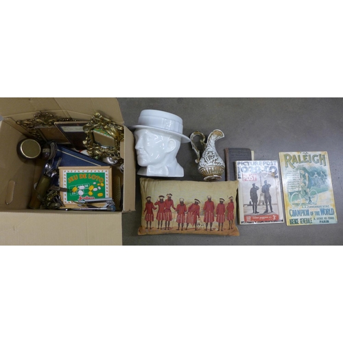 1085 - A box containing homewares, picture frames, books and games and a large ceramic bust **PLEASE NOTE T... 