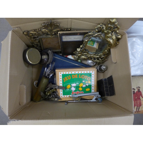 1085 - A box containing homewares, picture frames, books and games and a large ceramic bust **PLEASE NOTE T... 