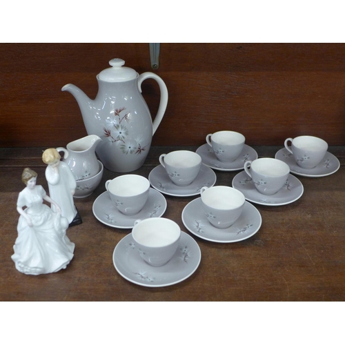 701 - Two Royal Doulton figures, Darling and Harmony and a Royal Doulton Frost Pine seven setting coffee s... 