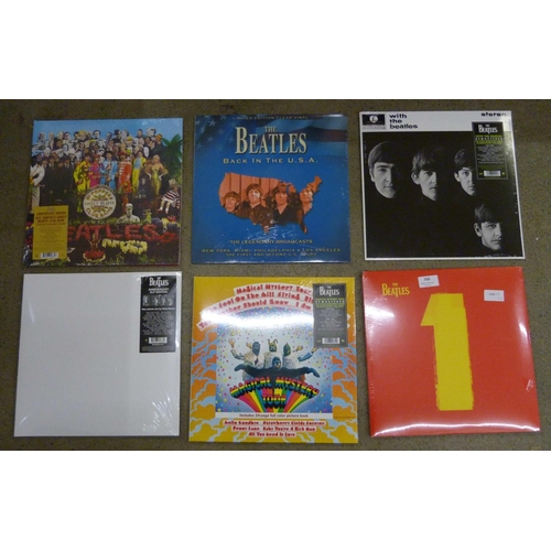 709 - The Beatles; six sealed LP records, re-issues and first editions including White Album, No. 1's, Sgt... 