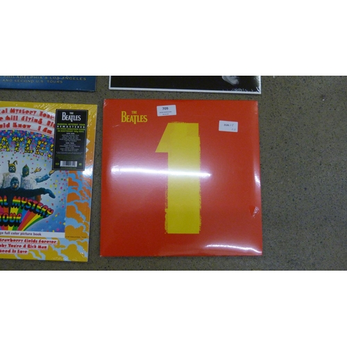 709 - The Beatles; six sealed LP records, re-issues and first editions including White Album, No. 1's, Sgt... 