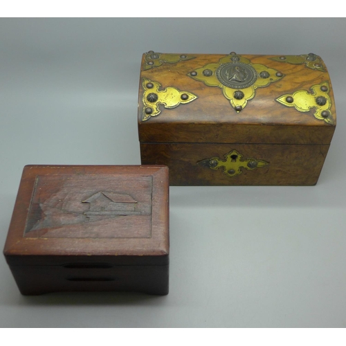 710 - A Egyptian revival walnut tea caddy and one other wooden box