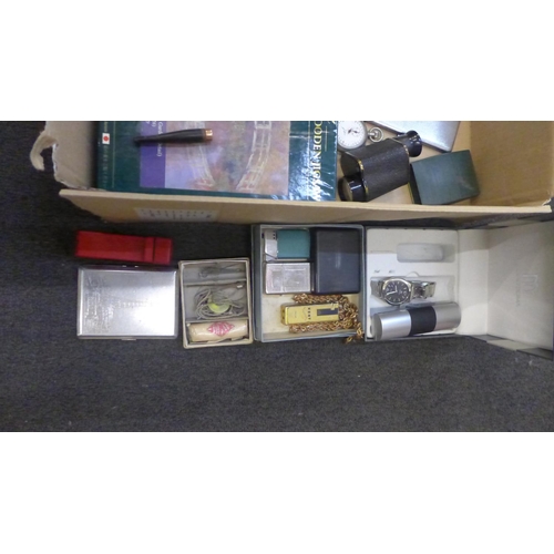 719 - A collection of items including cigarette cases, card cases, lighters, a slide viewer, a costume nec... 