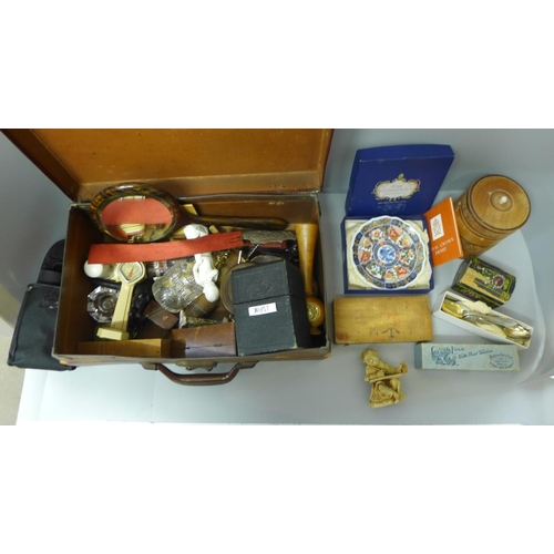 722 - A case of assorted items, binoculars, treen, etc.