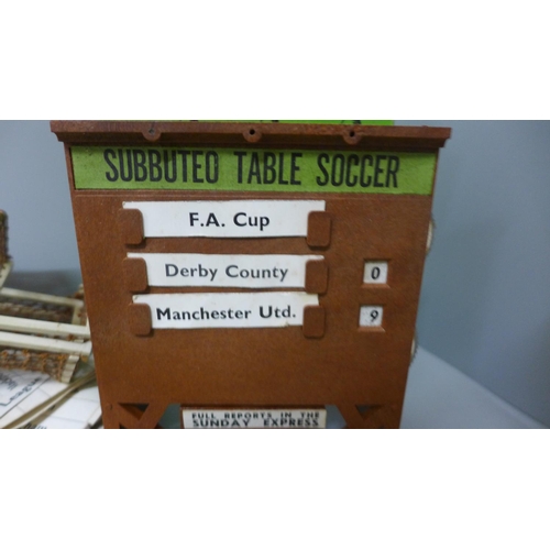 723 - Eight original Subbuteo teams, scorebox and extra goal posts