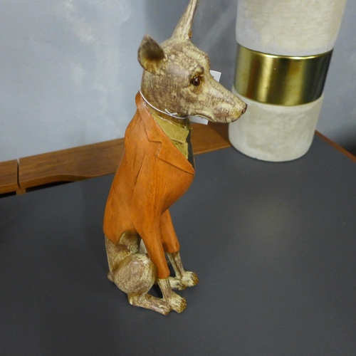 1392 - A sitting wooden dog in a red jacket, H 33cms (2965510)   #