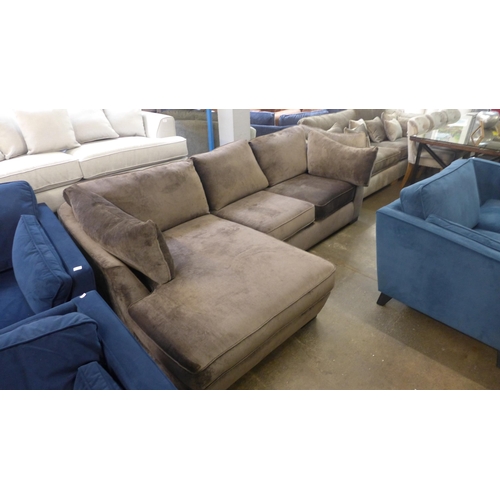 1529 - A Holmes earth upholstered LHF corner sofa with black oak feet