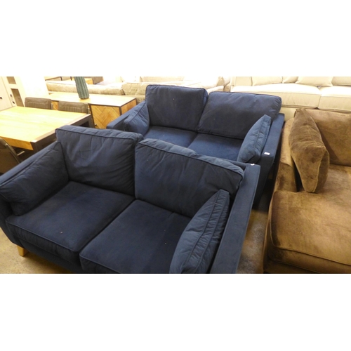 1537 - A pair of Vincent deep ocean blue two seater sofa with washed oak feet