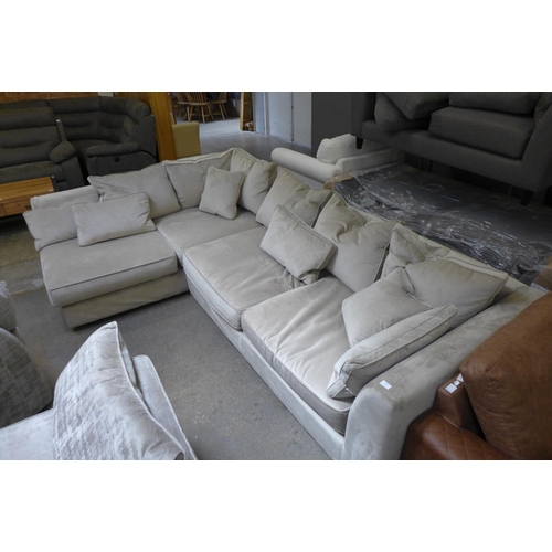 1557 - A champagne velvet LHF corner sofa and footstool