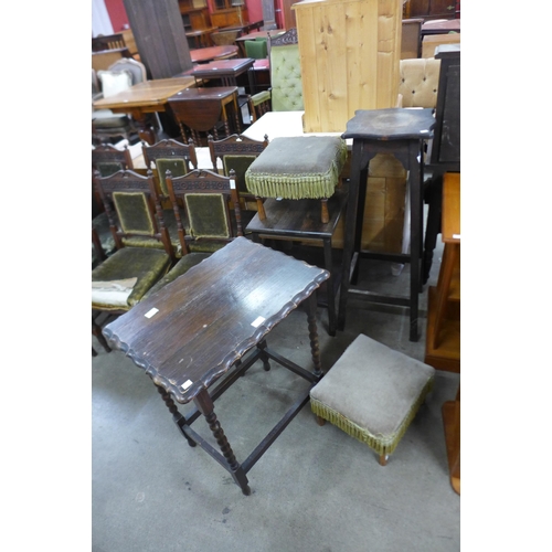 159 - Two oak occasional tables, a jardiniere stand and two small stools