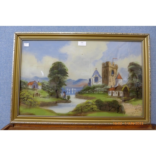 266 - Continental School, landscape, painting on glass, framed