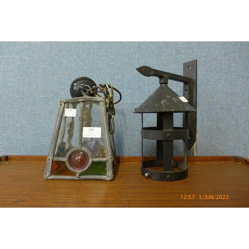 281 - A leaded and stained glass garden lantern and one other