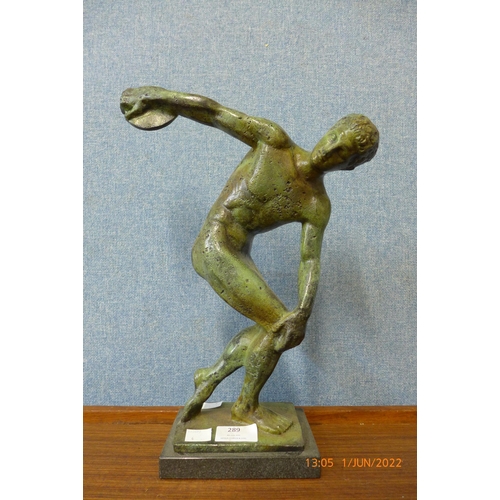 289 - A bronzed figure of Discobolus, 36cms h