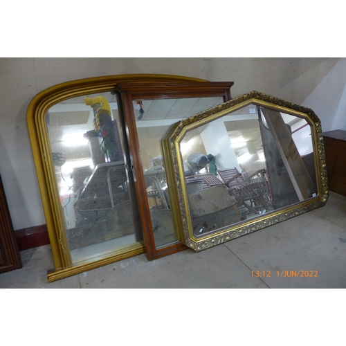 296 - Two gilt framed mirrors and a mahogany framed mirror