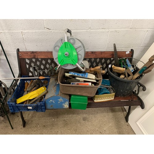 2339 - Metal/wood garden bench and qty. of mixed gardener's and joinery tools