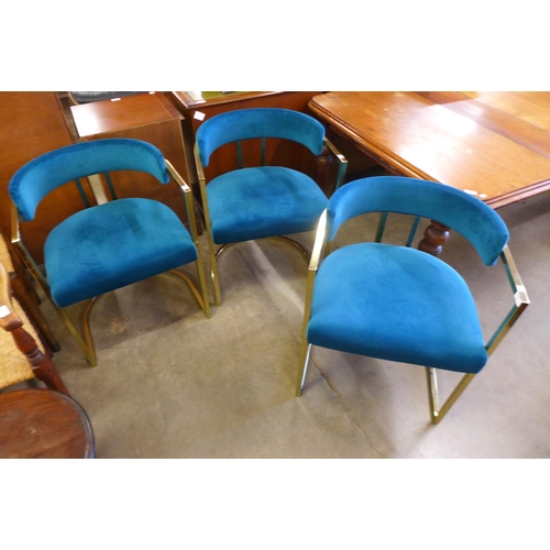 159 - A set of three Italian style metal and teal fabric chairs