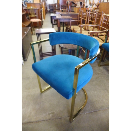 159 - A set of three Italian style metal and teal fabric chairs