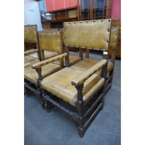 16 - A set of six 18th Century style oak and tan leather dining chairs