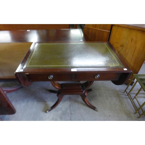 162 - A mahogany and green leather topped sofa table and chair