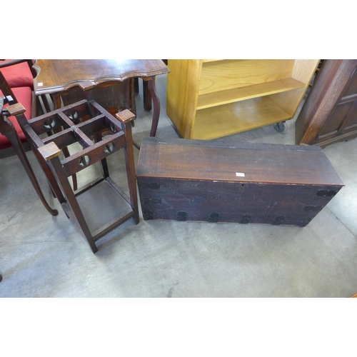 225 - An Arts and Crafts mahogany stick stand, a/f and an oak blanket box