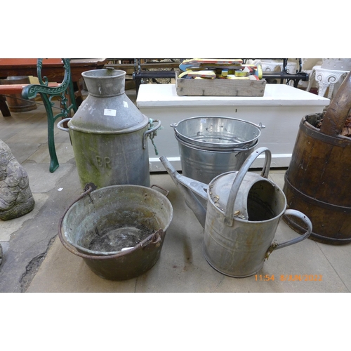 289 - A galvanised milk churn, two buckets, watering can, etc.