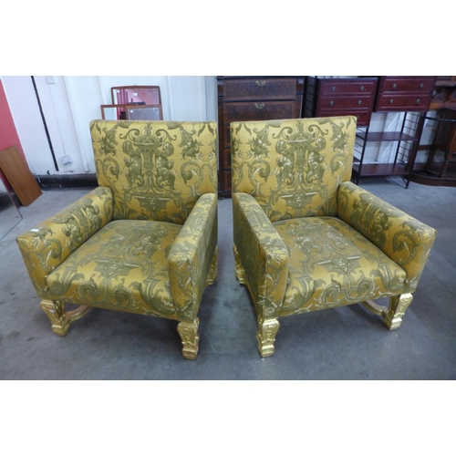 42 - A pair of substantial French Louis XV style giltwood and upholstered armchairs