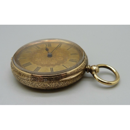 1030 - An 18ct gold fob watch, base metal dust cover, gross weight 43.9g