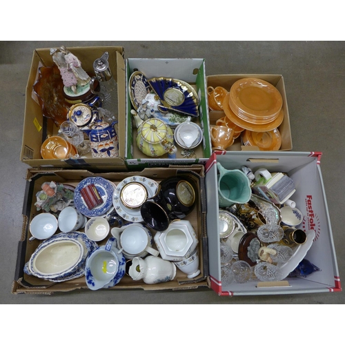 1061 - Five boxes of china including a Sadler teapot, a/f and an Arthur Wood jug, glassware, figures etc **... 