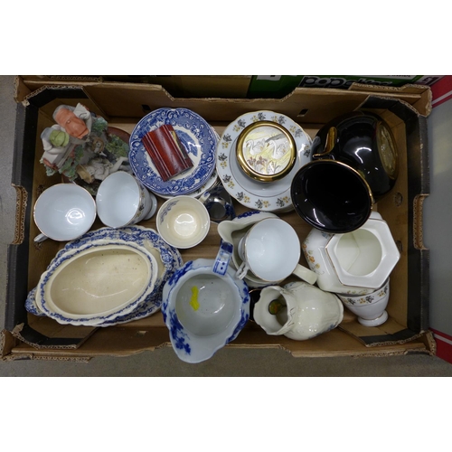 1061 - Five boxes of china including a Sadler teapot, a/f and an Arthur Wood jug, glassware, figures etc **... 