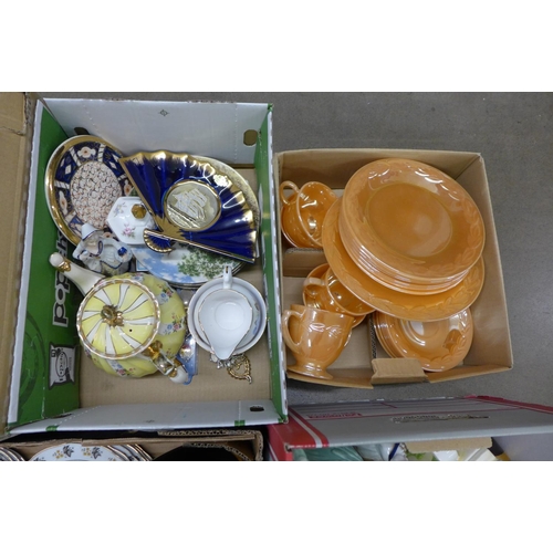 1061 - Five boxes of china including a Sadler teapot, a/f and an Arthur Wood jug, glassware, figures etc **... 