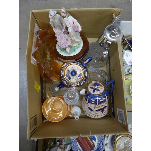 1061 - Five boxes of china including a Sadler teapot, a/f and an Arthur Wood jug, glassware, figures etc **... 