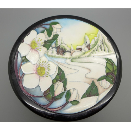 604 - A Moorcroft December Dawn lidded jar, limited edition, 45/100, designed by Paul Hilditch, boxed