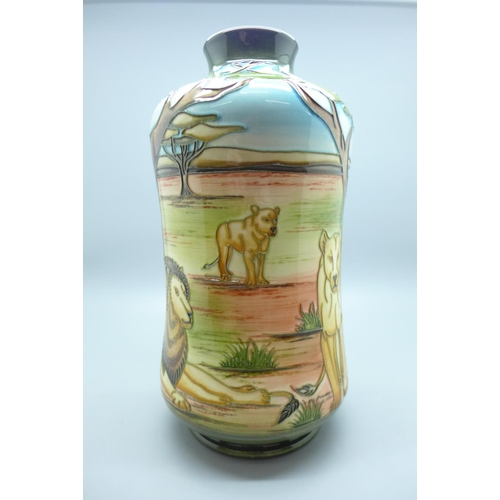 606 - A Moorcroft African Pride/Leo Lions vase, trial version, designed by Sian Leeper, RRP £276 when new