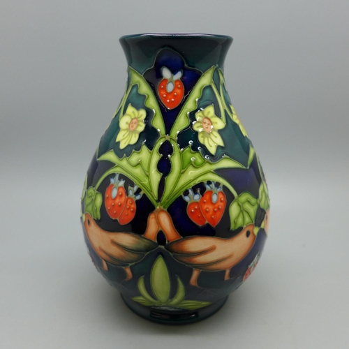 628 - A Moorcroft Strawberry Thief small vase, designed by Rachel Bishop, 12cm, £129 when new