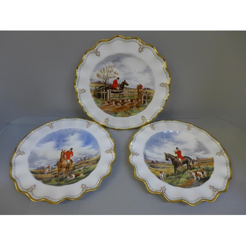 664 - Three Royal Crown Derby hunting scene plates with scallop edge, signed Scott, one a/f