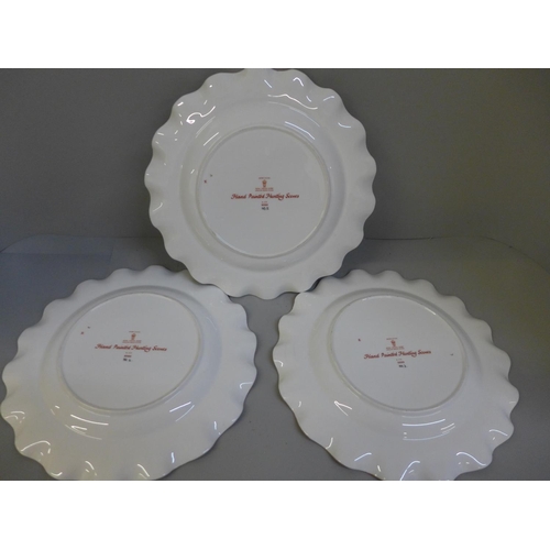 664 - Three Royal Crown Derby hunting scene plates with scallop edge, signed Scott, one a/f