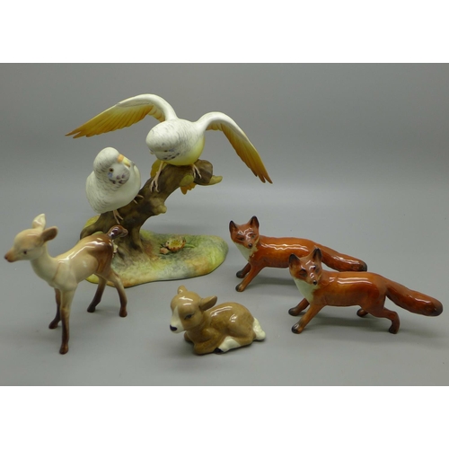 665 - Four Beswick figurines and a Royal Crown Derby Budgerigars figure, missing tail feather