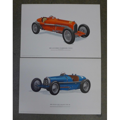 667 - Two original lithographic prints of 1934 Alfa Romeo and a 1934 Grand Prix Bugatti Type 59, printed o... 