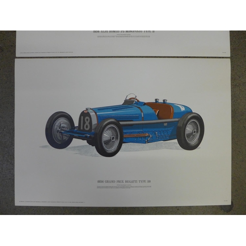 667 - Two original lithographic prints of 1934 Alfa Romeo and a 1934 Grand Prix Bugatti Type 59, printed o... 