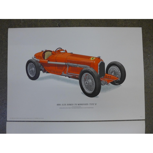 667 - Two original lithographic prints of 1934 Alfa Romeo and a 1934 Grand Prix Bugatti Type 59, printed o... 