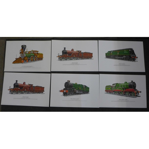 671 - Six original lithographic prints of trains, printed on high quality paper in the 1970's, suitable fo... 